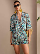 [Botanique Sarcelle] SilkSilky-FR Short Sleeve Notch Collar Femme Pyjamas 001