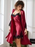 SilkSilky FR Pure Soie Trois quart Nightgown&Robe Set RougeFoncé 004