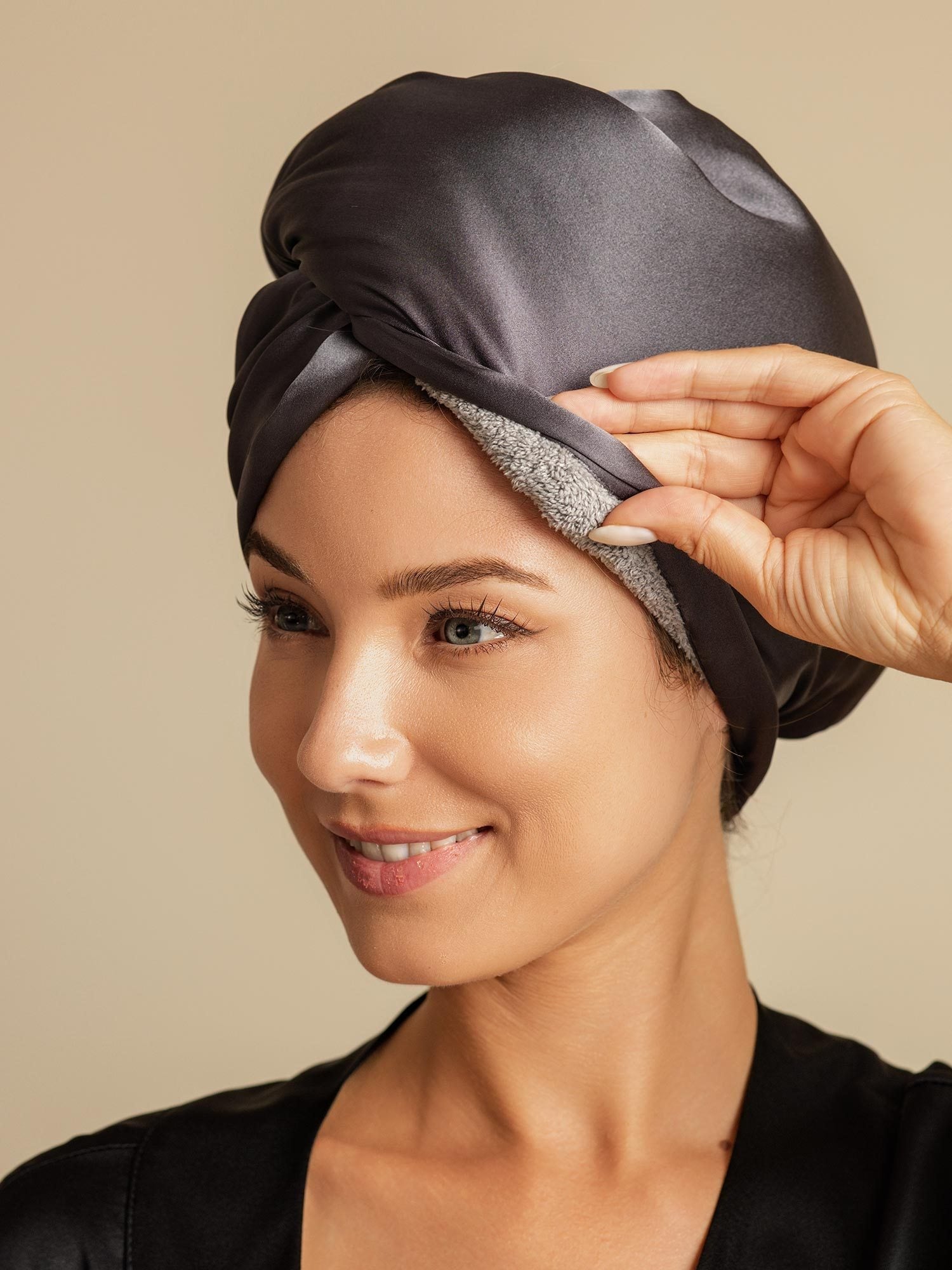 [Gris Foncé] SilkSilky-FR Soie Hair Towel Wrap 001,