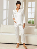 SilkSilky-FR Pure Soie Manches longues Revers Femme Pyjamas Blanc 002