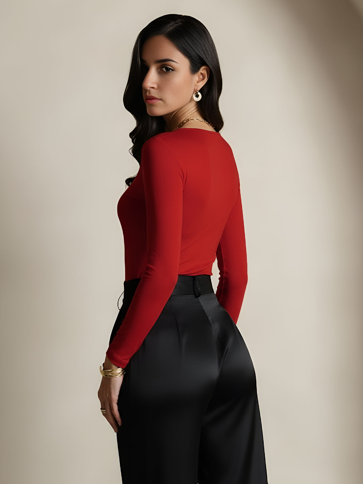 [Rouge Vineux] SilkSilky-FR Manches longues Col Rond Femme T-Shirt 002