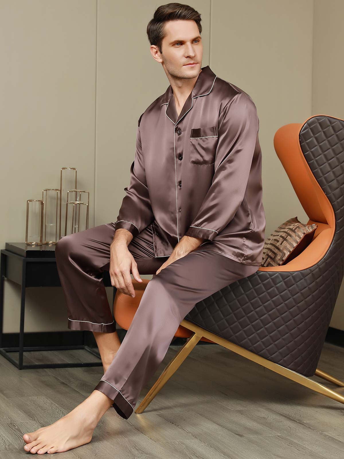 SilkSilky FR Pure Soie Manches longues Revers Homme Pyjamas Café 006