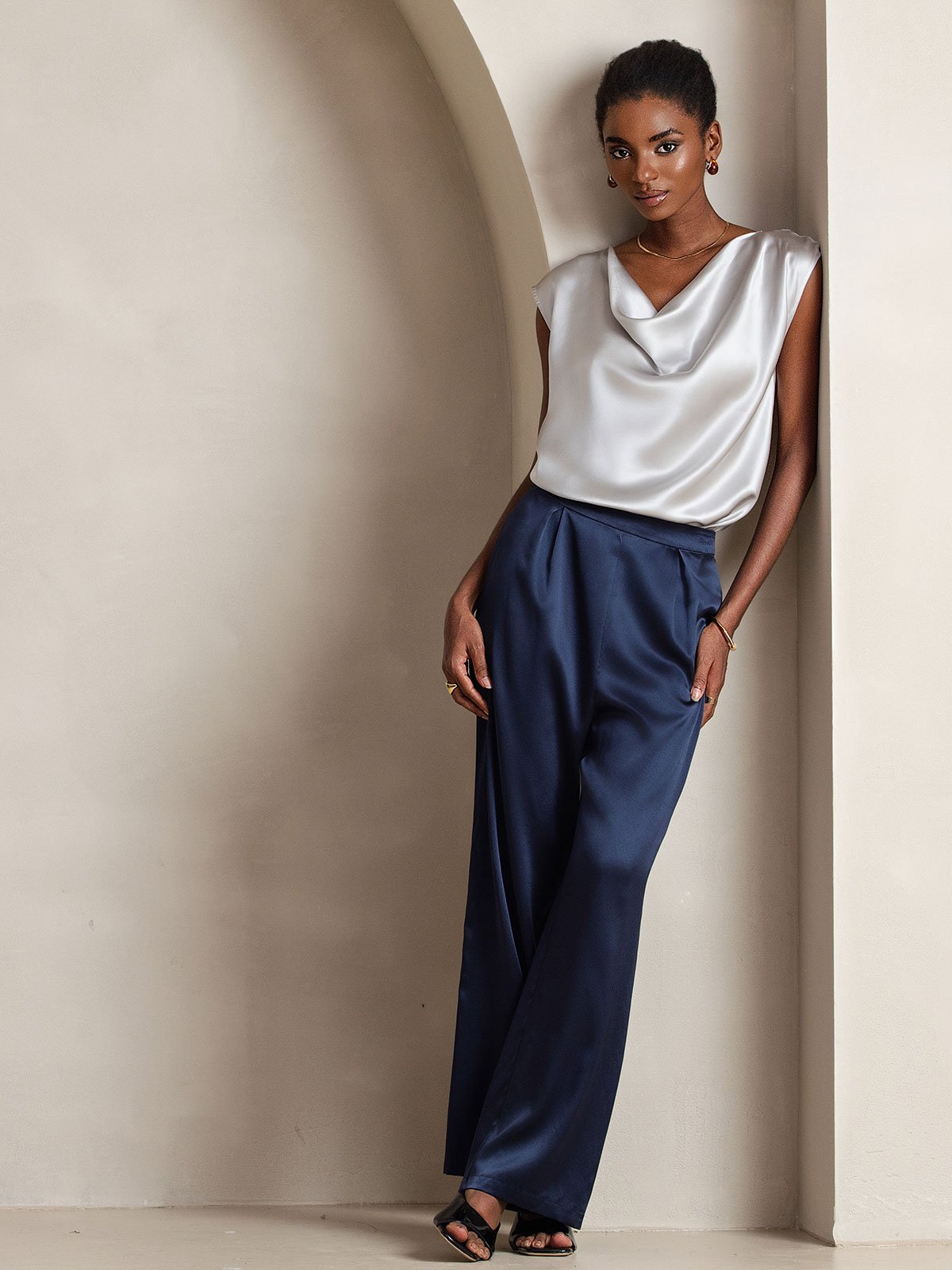 [Bleu Foncé] SilkSilky-FR 19Momme Soie Womens Pants 006