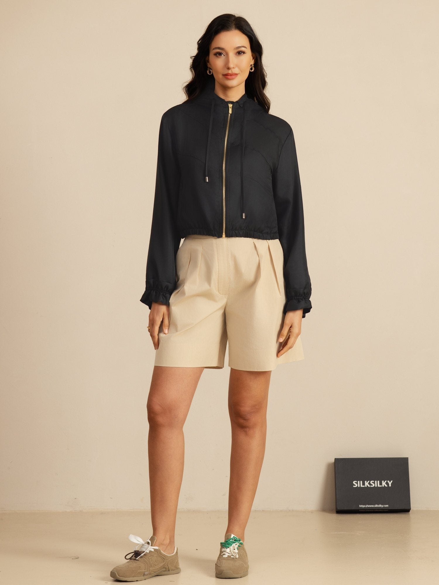 [Noir] SilkSilky-FR 18Momme Manches longues Col Haut Femme Manteaux 007