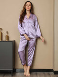 SilkSilky FR Pure Soie Manches longues Revers Femme Pyjamas Lavande 003