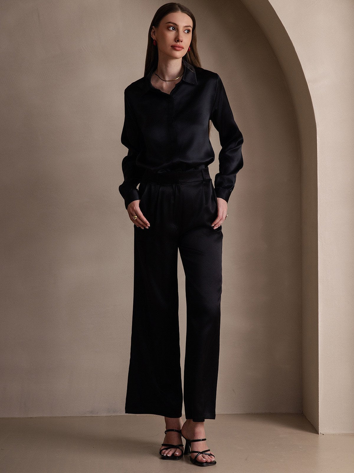 [Noir] SilkSilky-FR 19Momme Soie Manches longues Col Chemise Femme Chemise 007