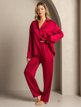 [Rouge Vineux] SilkSilky-FR 19Momme Manches longues Col Cranté Femme Pyjamas 004