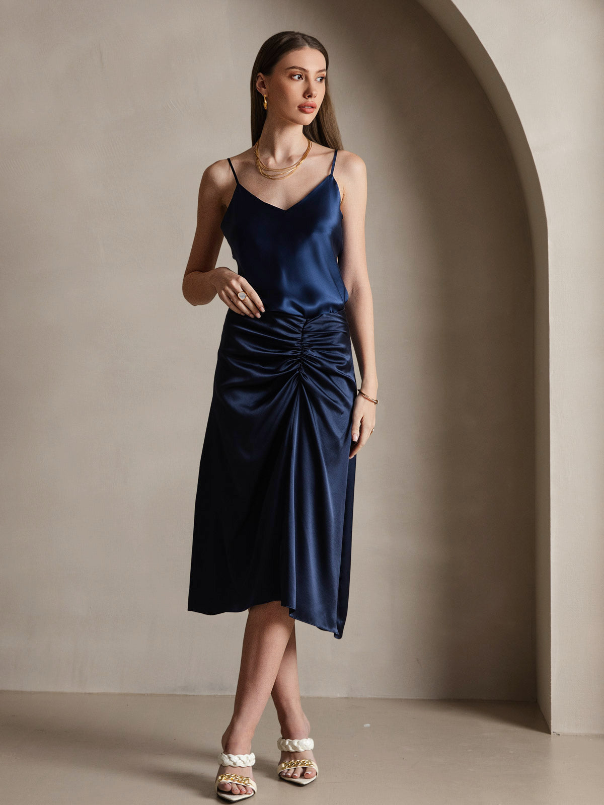 [Bleu Foncé] SilkSilky-FR Pure Soie Col en V Top À Fines Brides 005