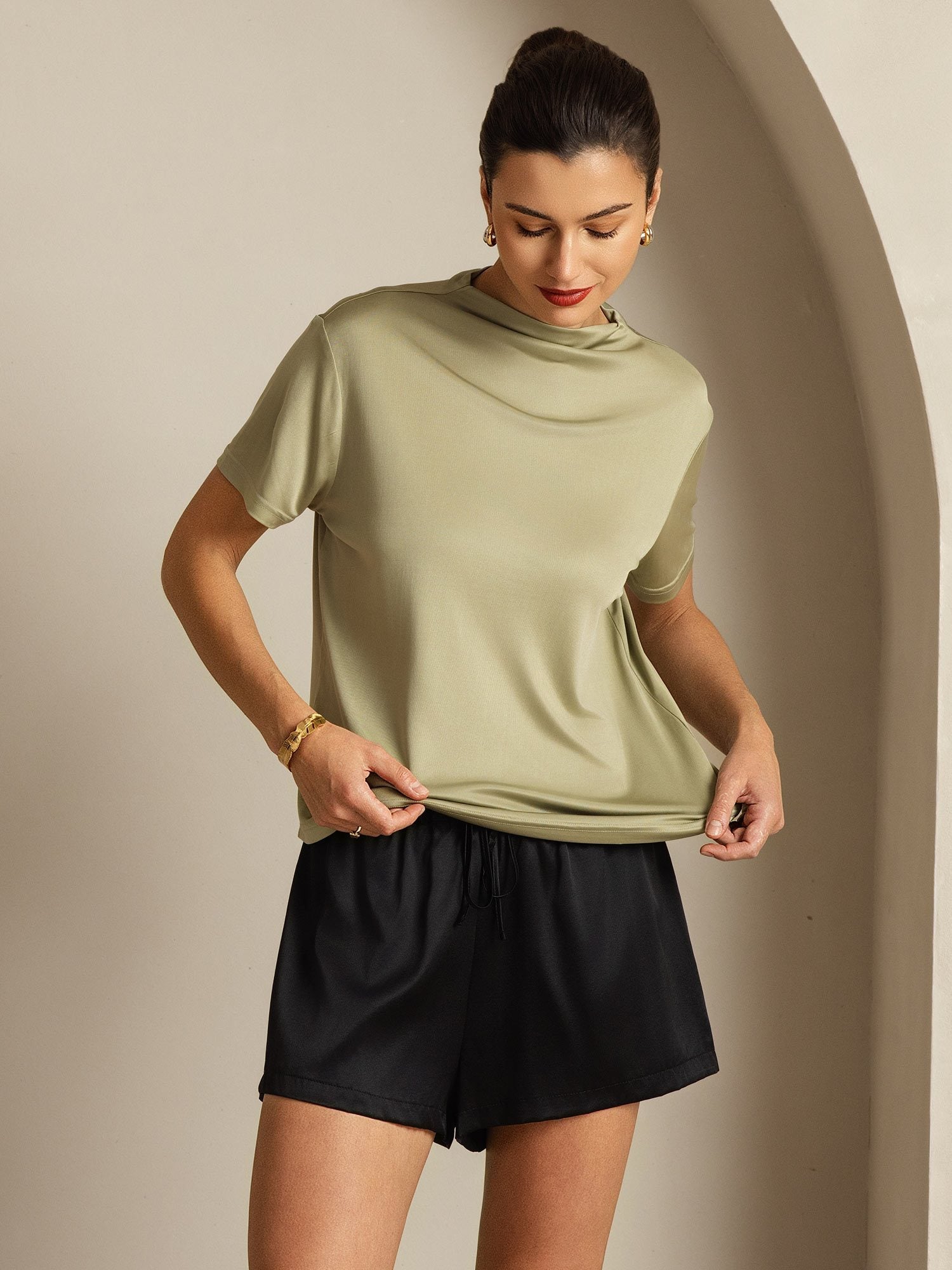 [Herbe Sèche] SilkSilky-FR Soie Col Chemise Femme T-Shirt 007