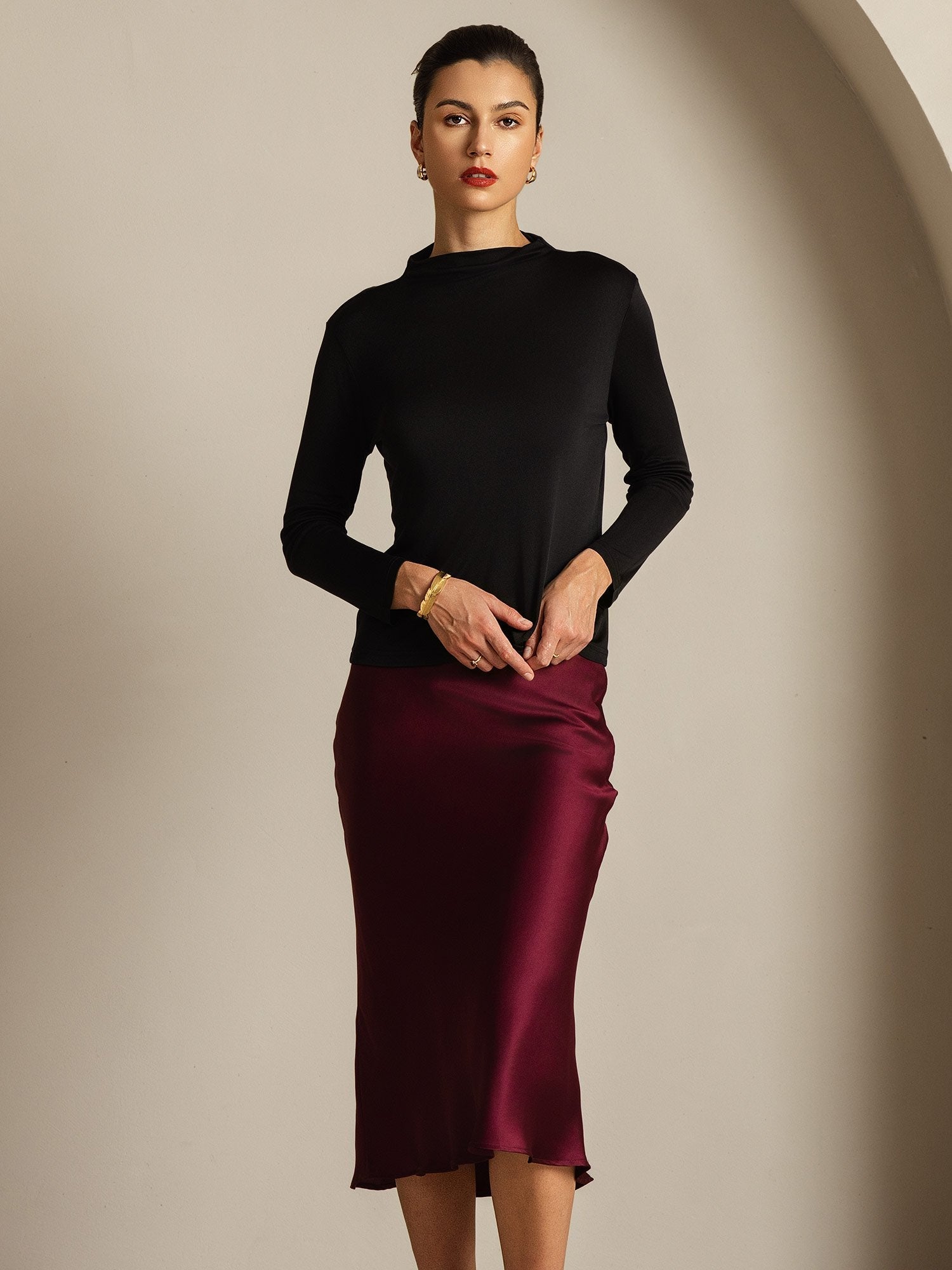 [Noir] SilkSilky-FR Soie Col Haut Femme T-Shirt 007