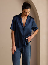 [Bleu Foncé] SilkSilky-FR Short Sleeve Notch Collar Femme Chemise 005