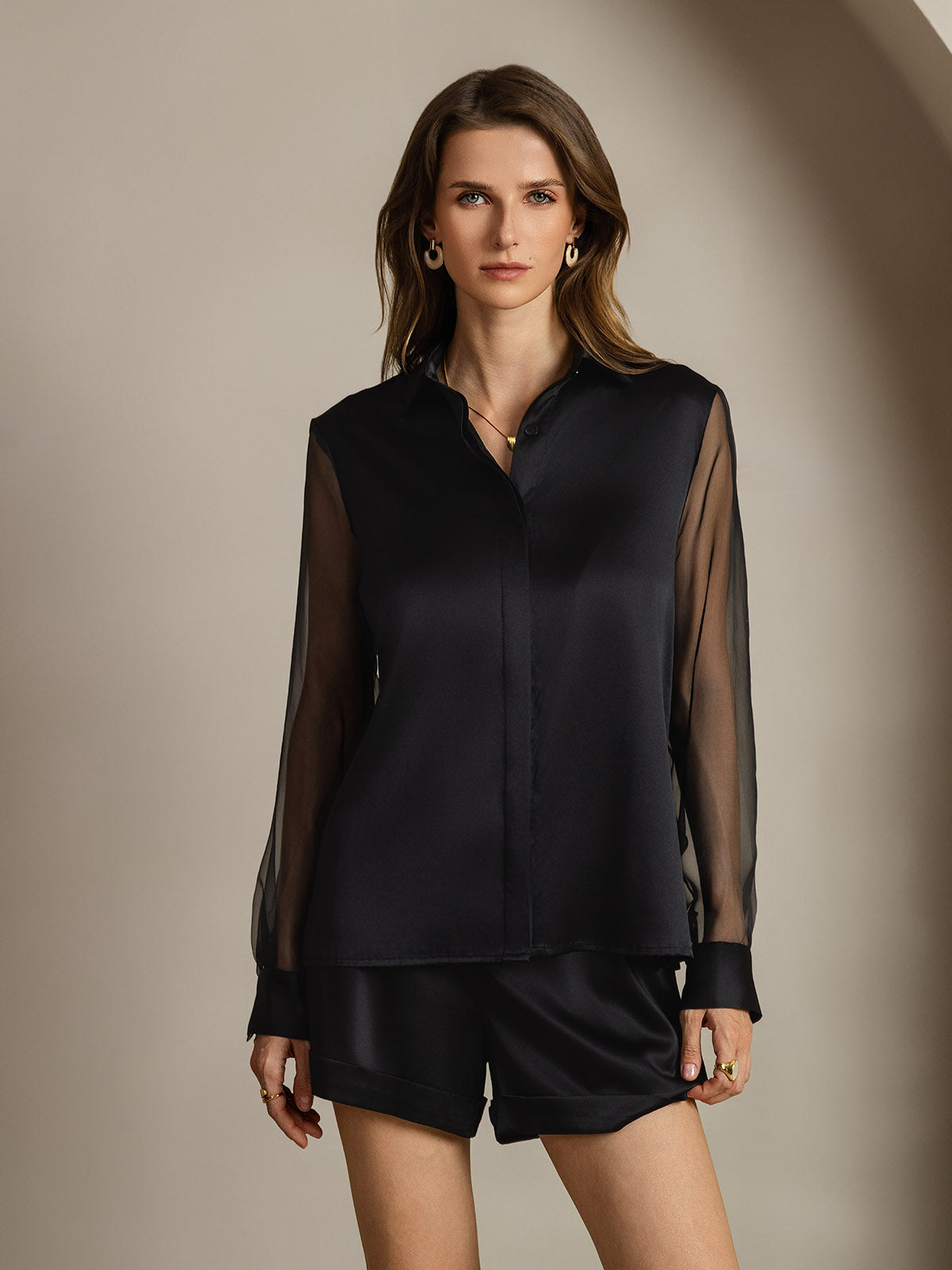 [Noir] SilkSilky-FR 19Momme Soie Col Chemise Femme Chemise 001