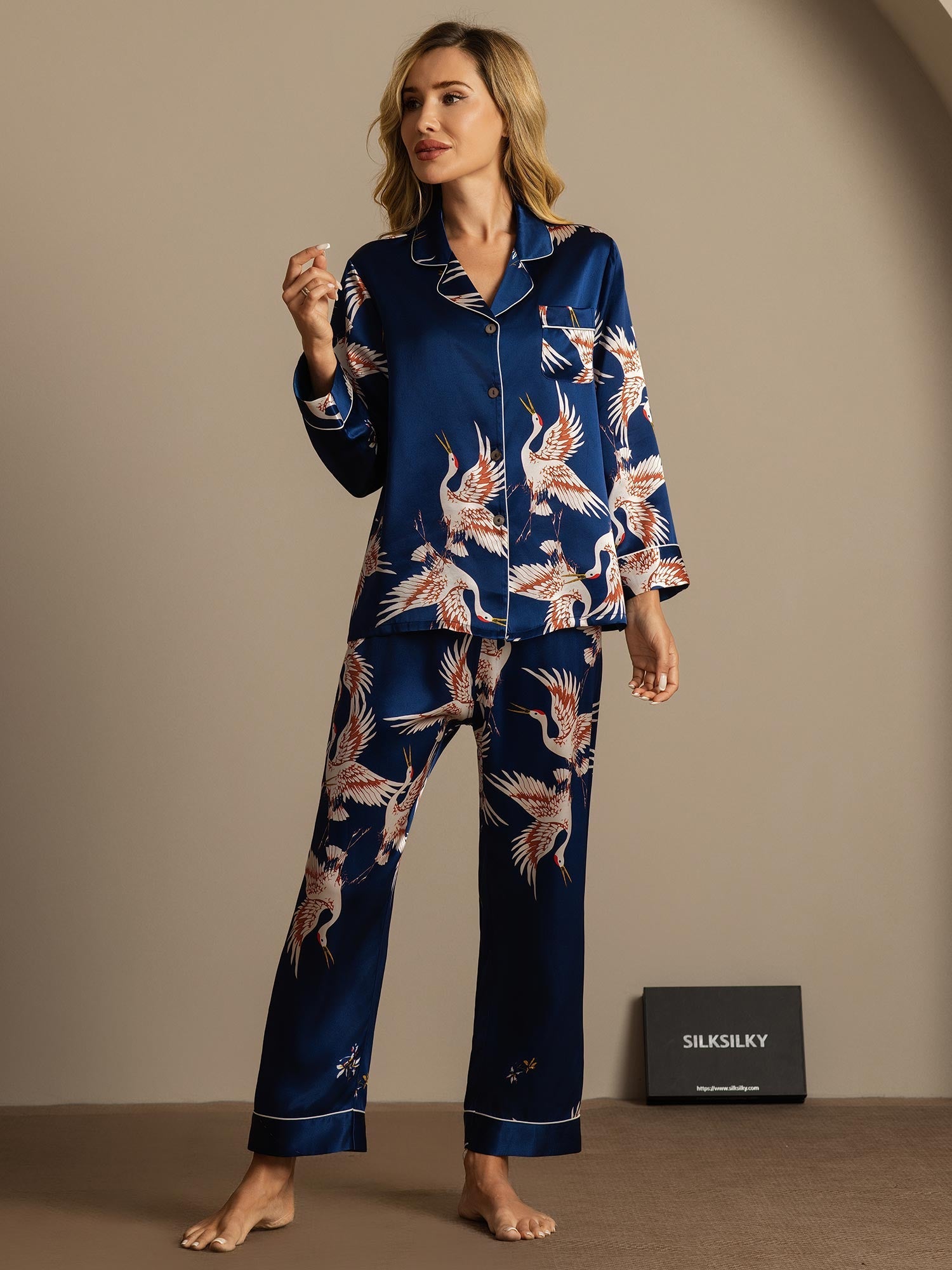 [Bleu Foncé] SilkSilky-FR 19Momme Pure Soie Womens Pajamas 003,