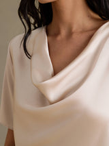 [Beige] SilkSilky-FR Short Sleeve Cowl Neck Blouse 004