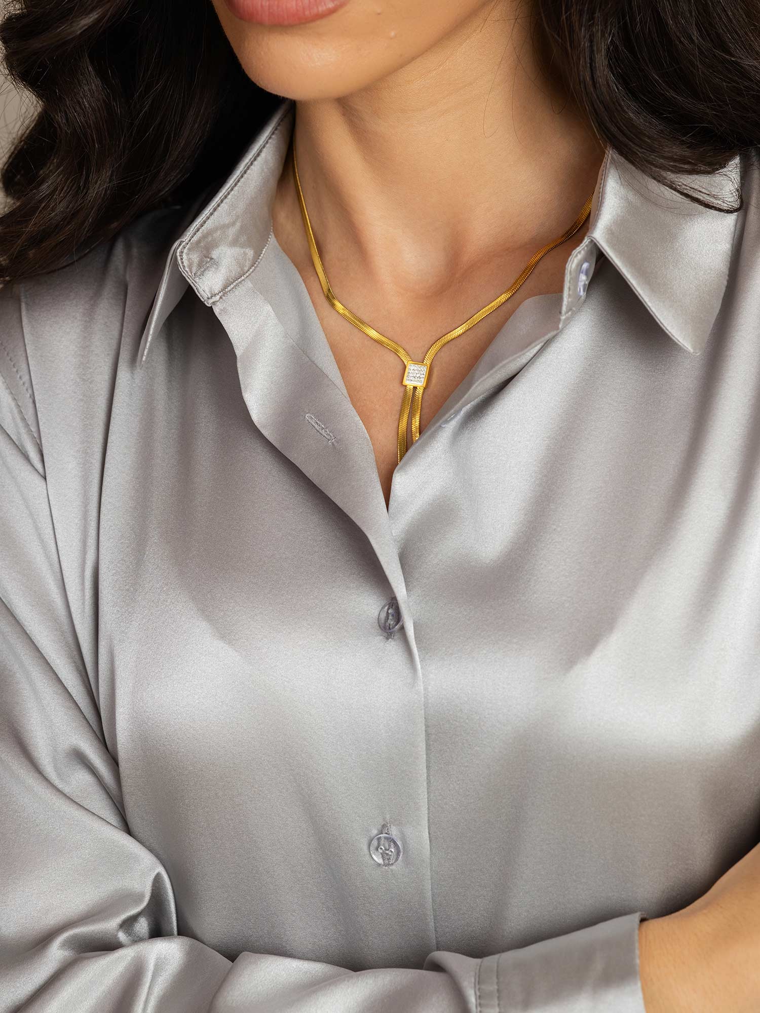 [Gris Clair] SilkSilky-FR 19Momme Manches longues Col à Revers Femme Chemise 007