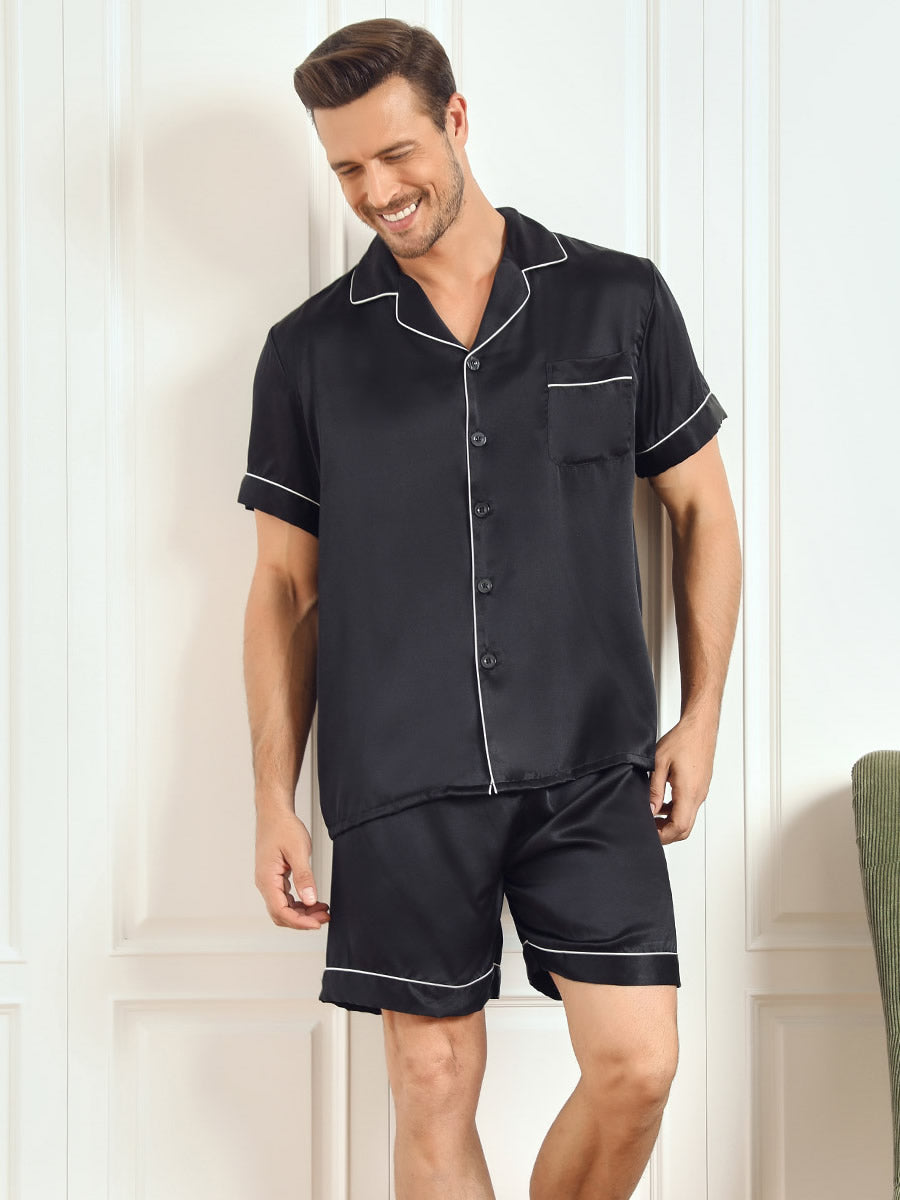 SilkSilky FR Pure Silk Short Sleeve Mens Pajamas Noir 001