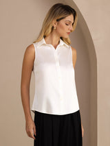 [Blanc] SilkSilky-FR Sleeveless Lapel Collar Femme Chemise 001