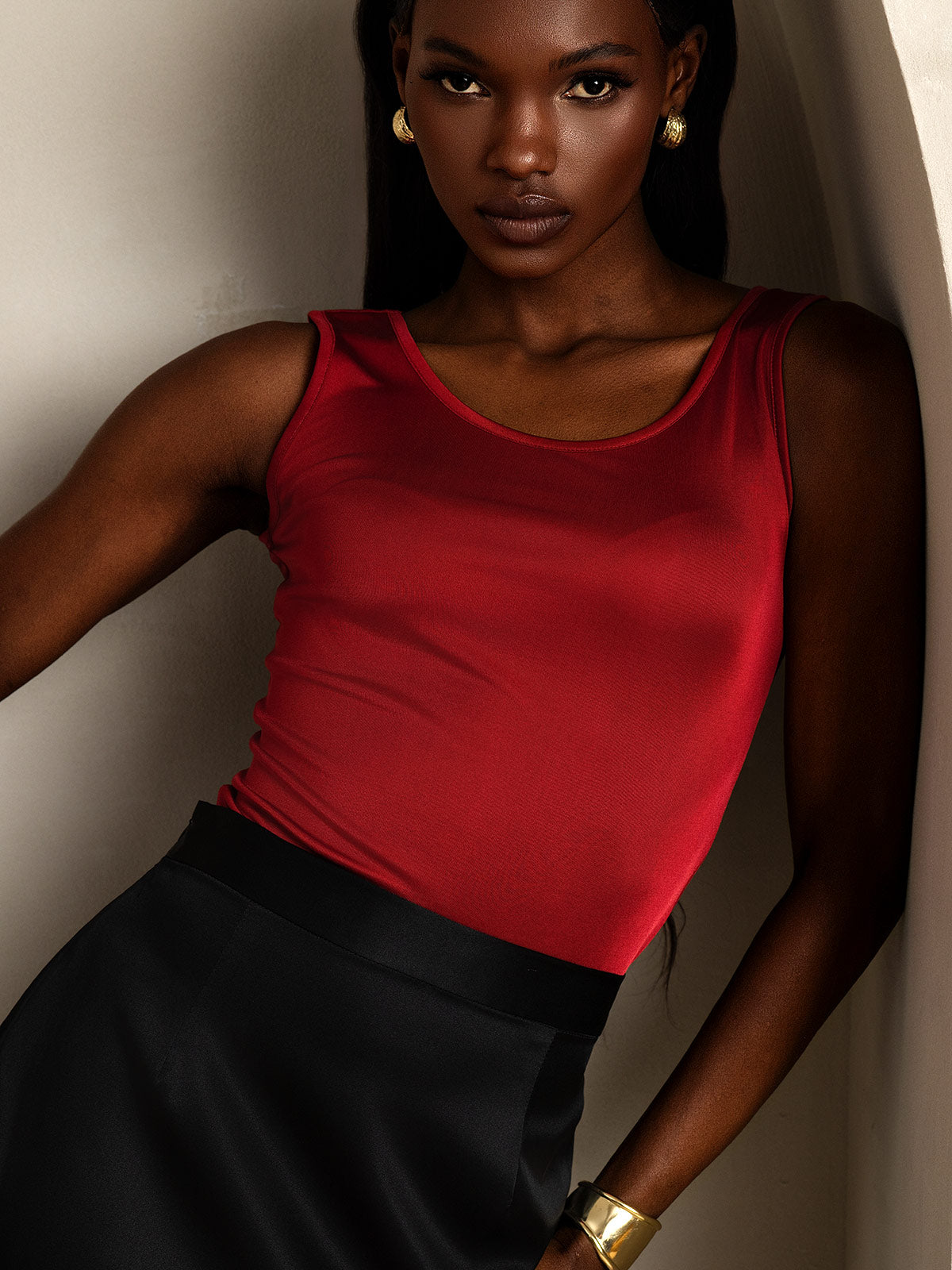 [Rouge Vineux] SilkSilky-FR Soie Tricotée Col Rond Femme T-Shirt 003