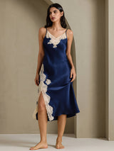 [Bleu Foncé] SilkSilky-FR Sleeveless V Neck Chemises de nuit 003