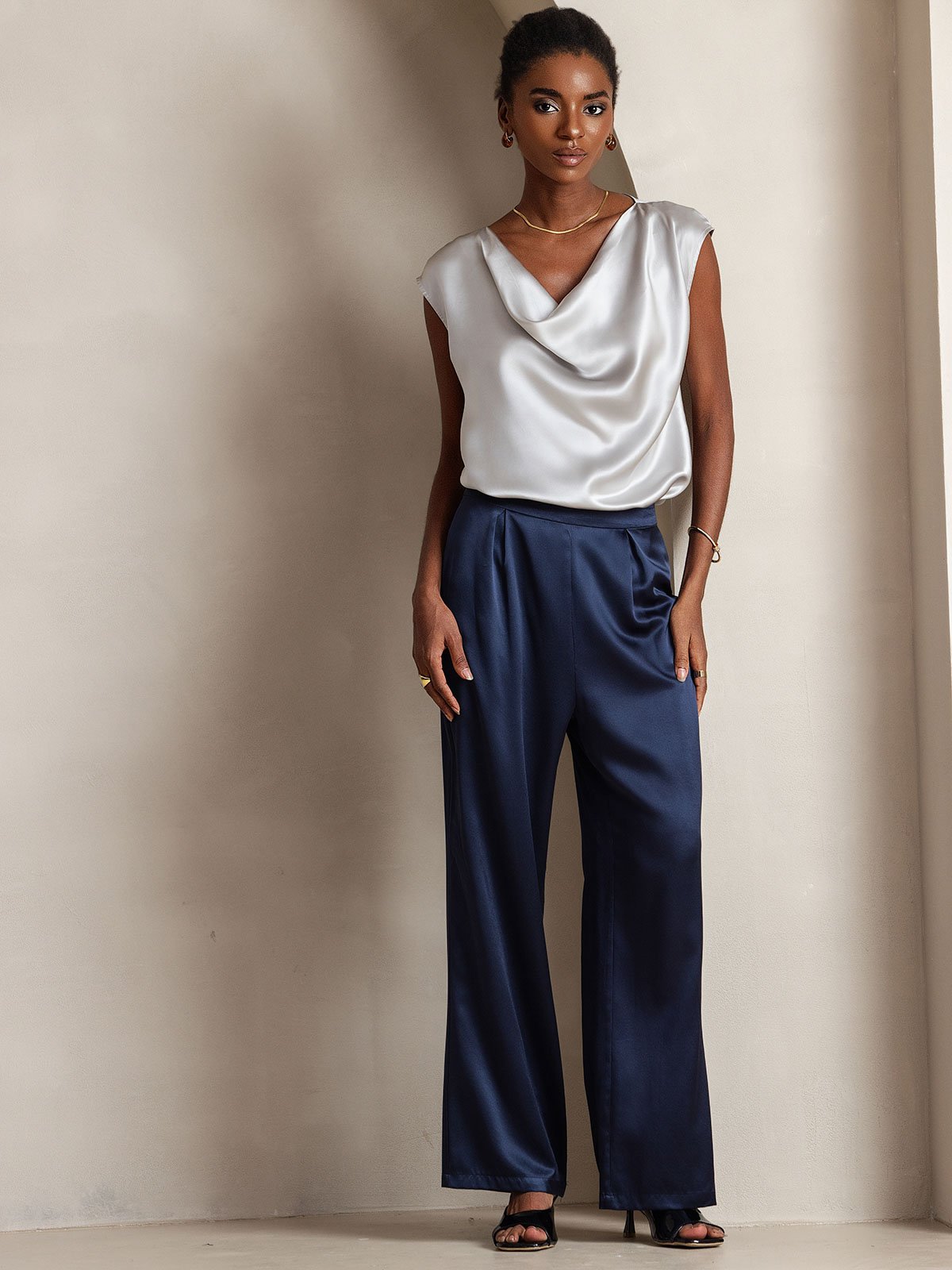 [Bleu Foncé] SilkSilky-FR 19Momme Soie Womens Pants 004