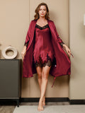 SilkSilky FR Pure Soie Trois quart Nightgown&Robe Set RougeFoncé 001