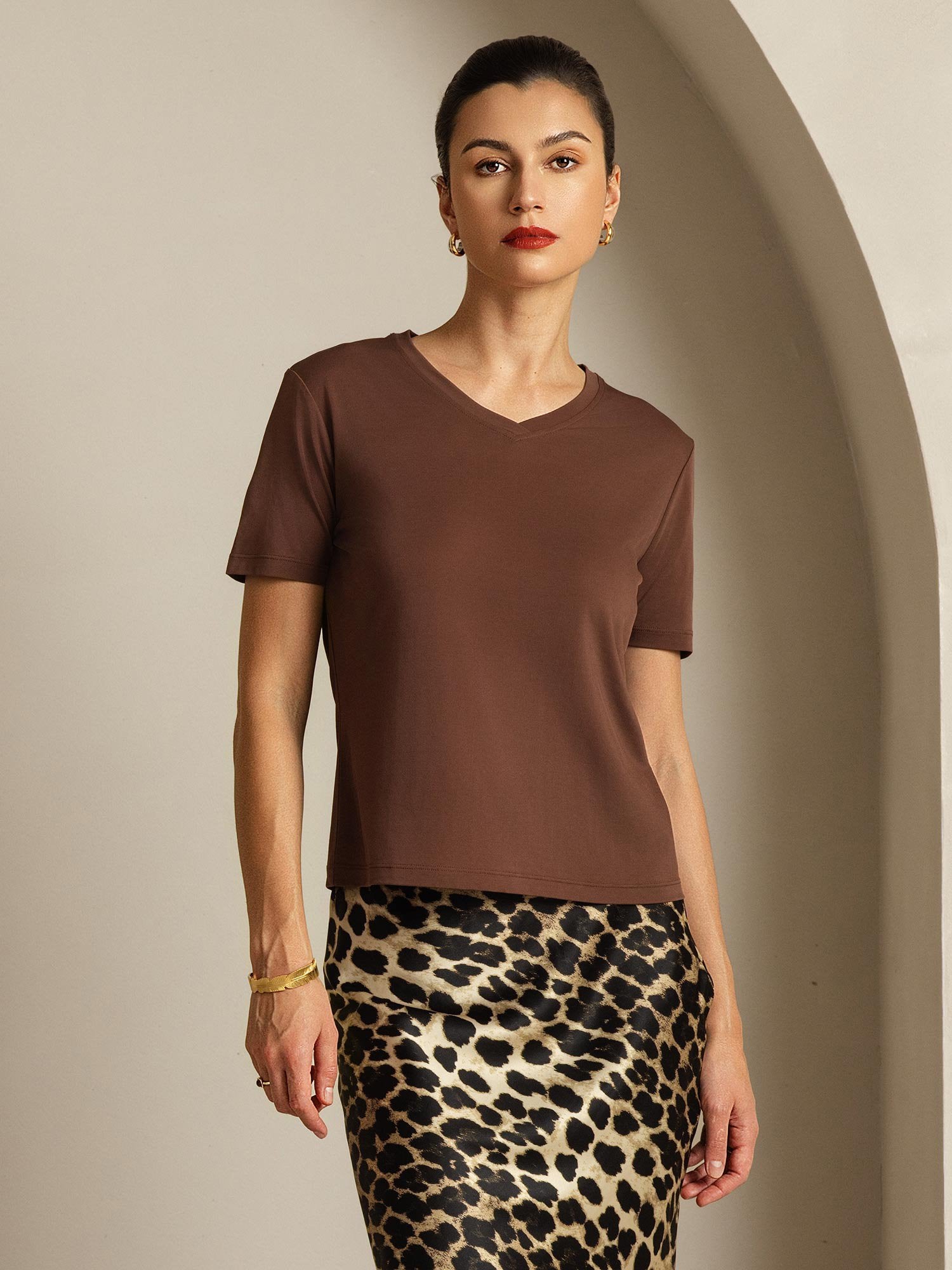 [Café] SilkSilky-FR Soie Womens T-Shirt 001