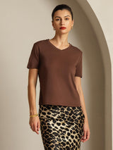 [Café] SilkSilky-FR Short Sleeve V Neck Femme T-Shirt 001
