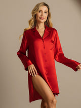 [Rouge] SilkSilky-FR Long Sleeve Lapel Collar Chemise pour dormir 003