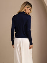 [Bleu Foncé] SilkSilky-FR Long Sleeve Blouse 002