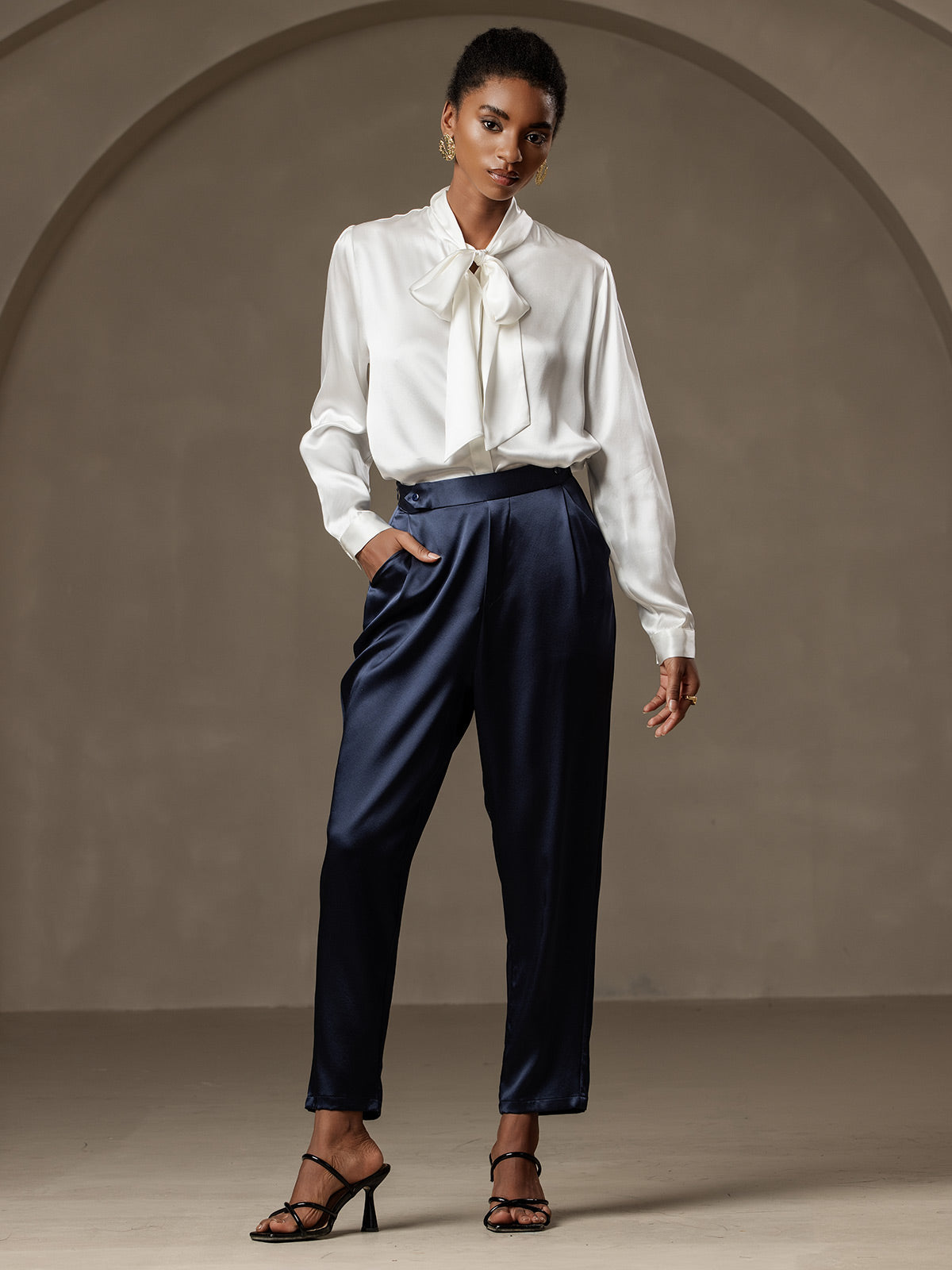 [Bleu Foncé] SilkSilky-FR 19Momme Soie Womens Pants 005