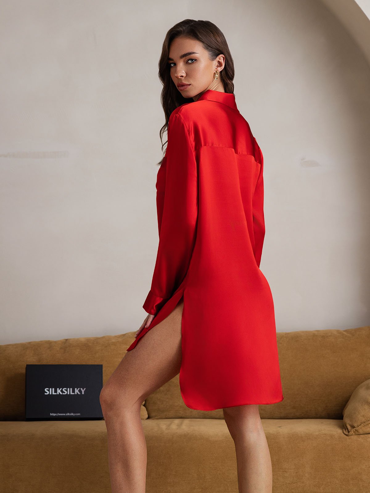 [Rouge] SilkSilky-FR Soie Col Chemise Chemises de nuit 002