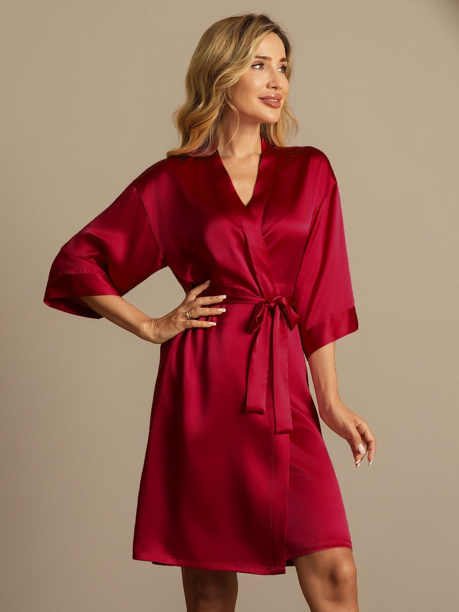 [Rouge Vineux] SilkSilky-FR Trois-quart Femme Peignoir 005