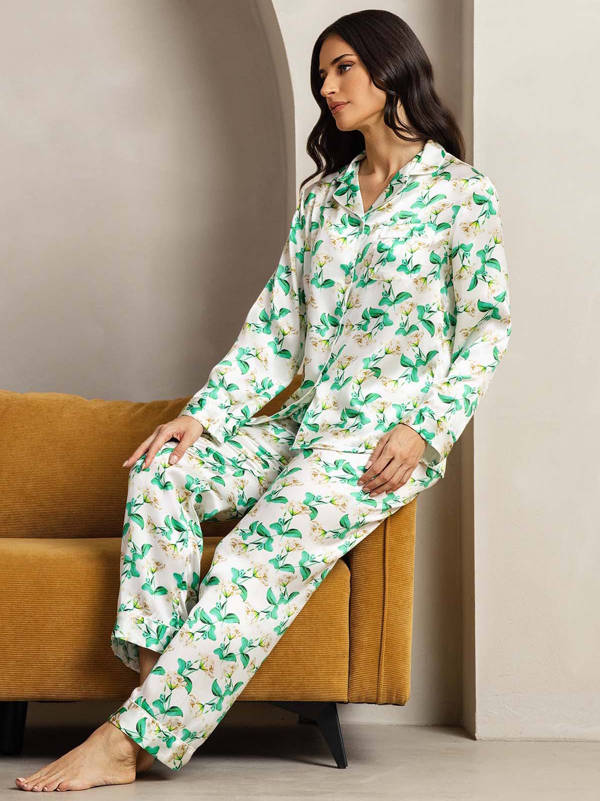 [Floral Vert] SilkSilky-FR Pure Soie Womens Pajamas 004