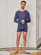[Bleu Foncé] SilkSilky-FR Long Sleeve Round Neck Homme T-Shirt 005
