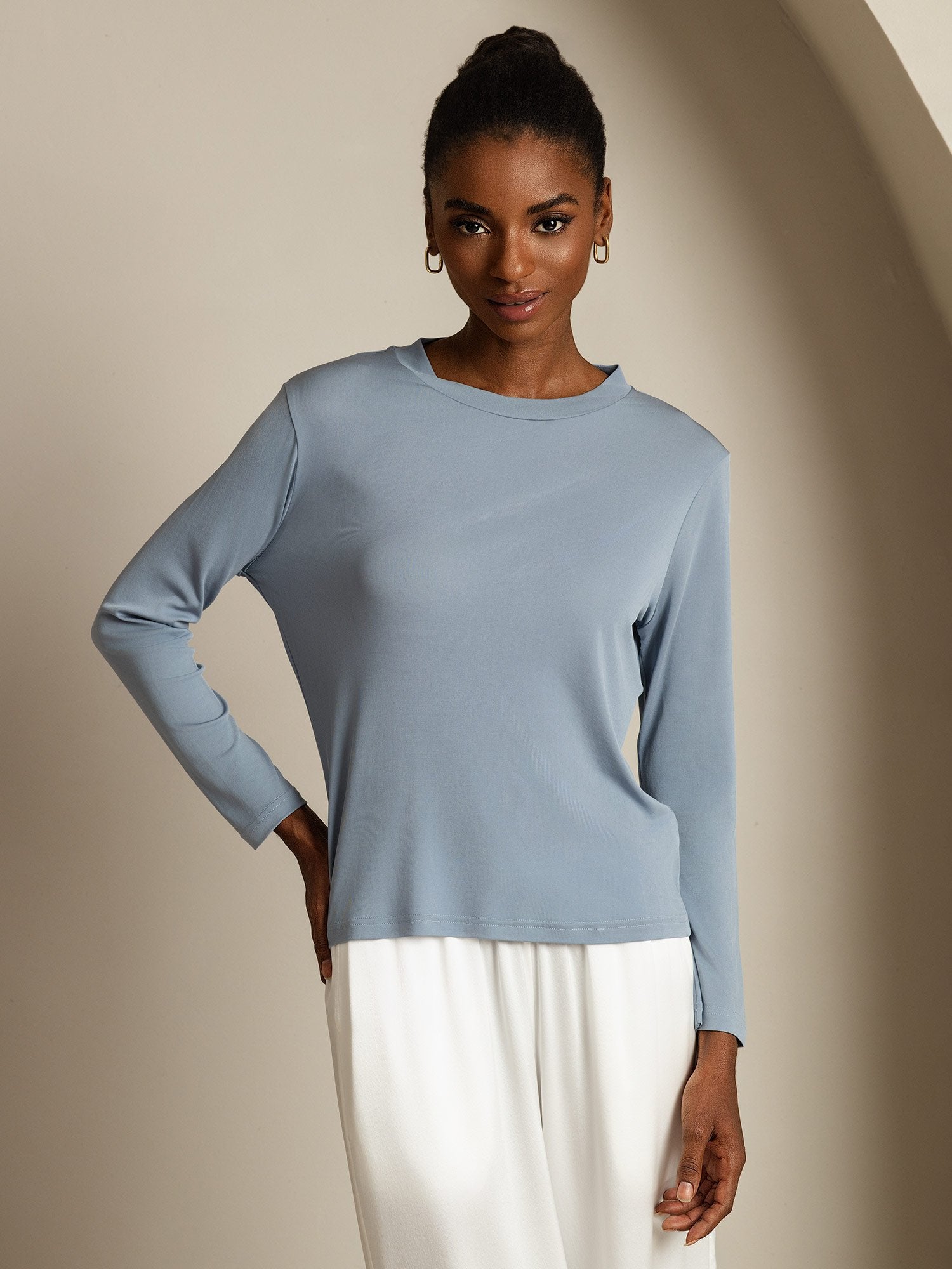 [BleuGrisâtre] SilkSilky-FR Soie Col Rond Femme T-Shirt 003