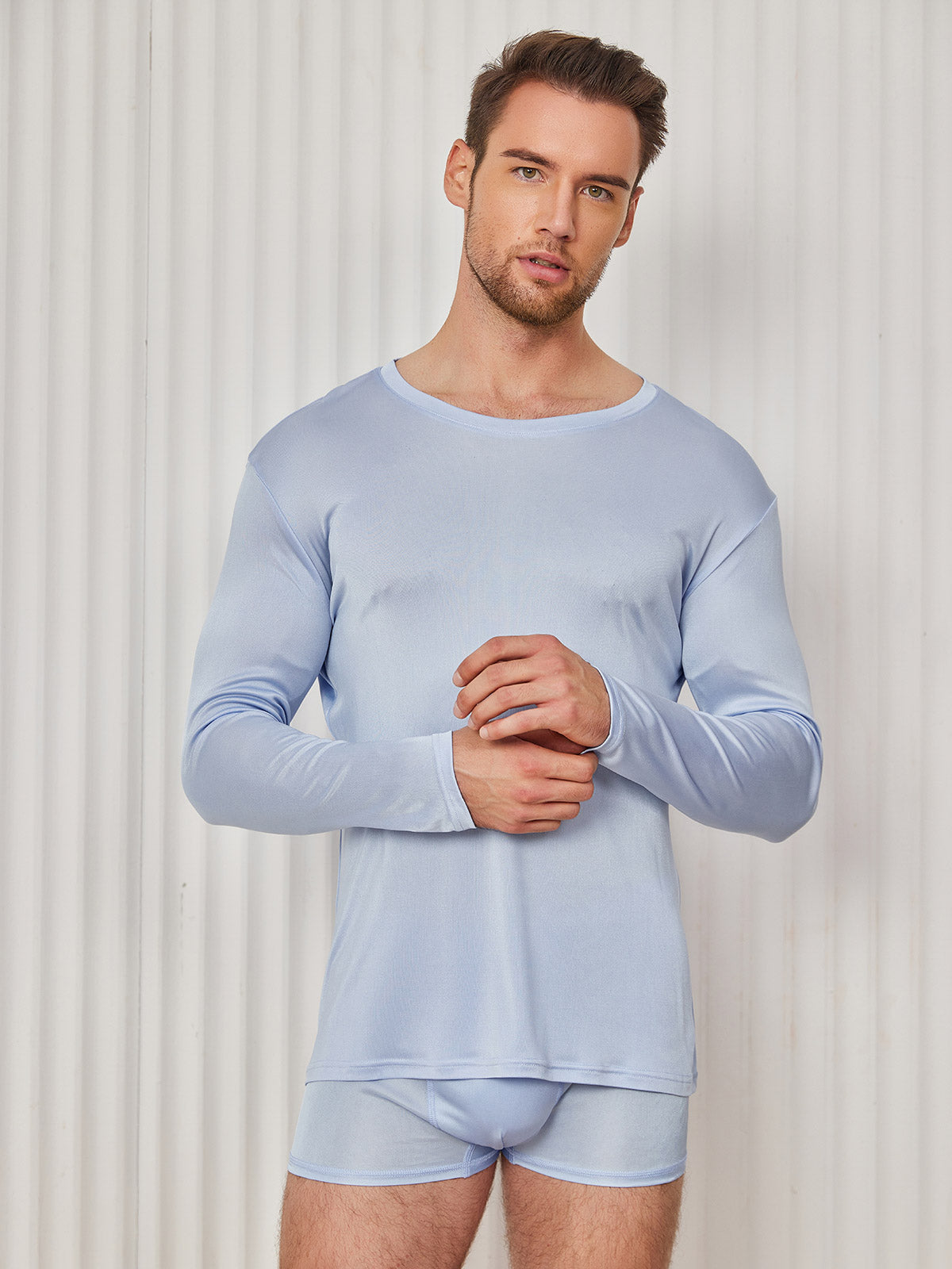 [Bleu Clair] SilkSilky-FR Soie Tricotée Col Rond Homme T-Shirt 003