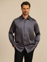 [Gris Foncé] SilkSilky-FR 19Momme Manches longues Col à Revers Homme Chemise 003