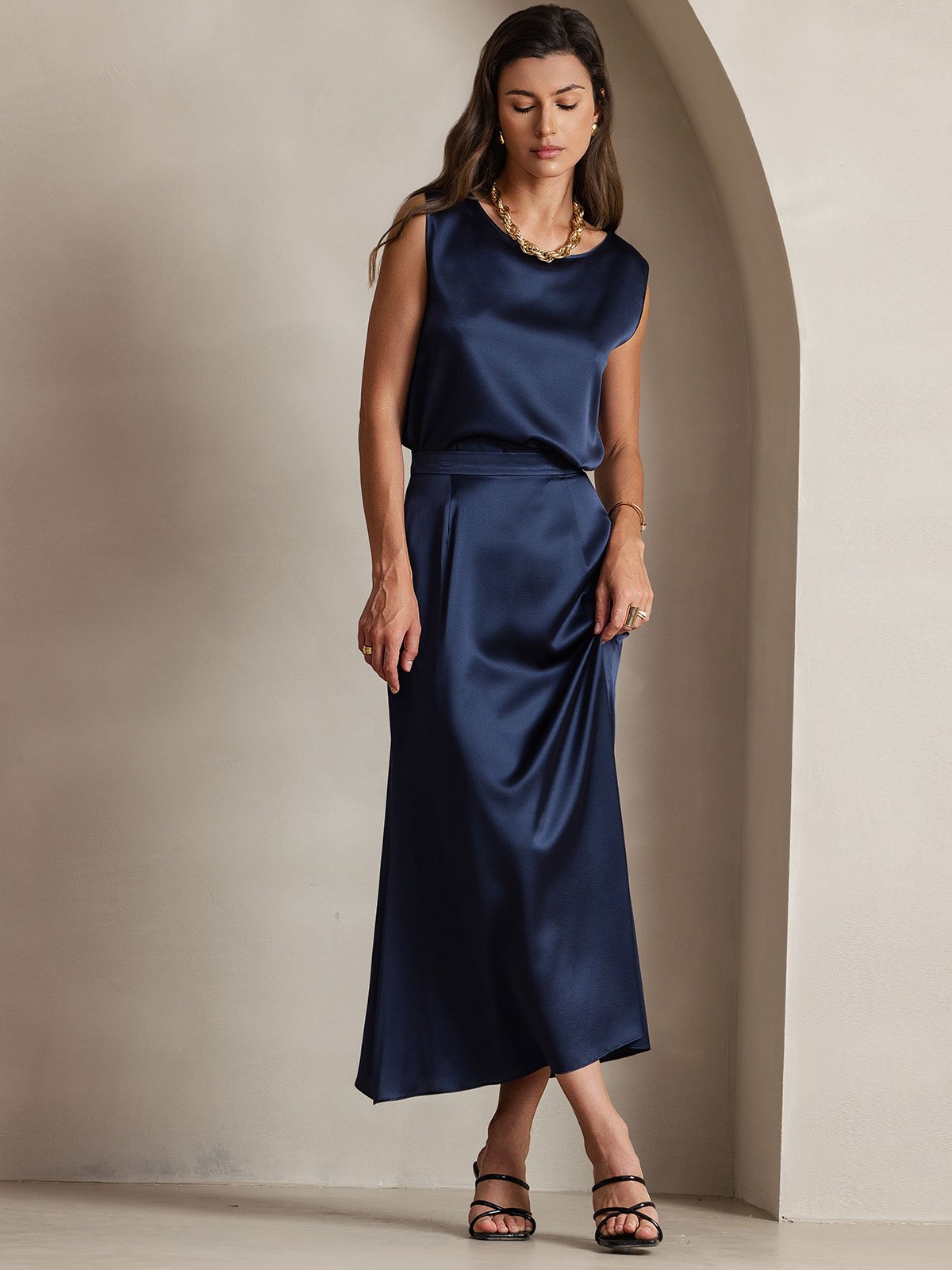[Bleu Foncé] SilkSilky-FR 19Momme Soie Skirt 008