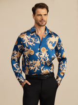 [Dragon Navy] SilkSilky-FR Long Sleeve Lapel Collar Homme Chemise 001