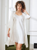 SilkSilky FR Pure Soie Trois quart Nightgown&Robe Set Blanc 001