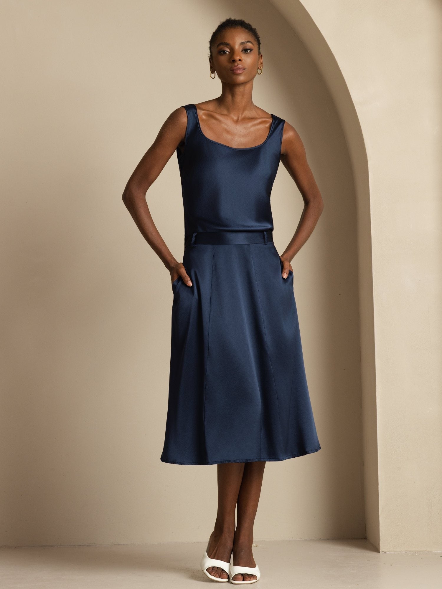 [BleuFoncé] SilkSilky-FR 19Momme Soie Skirt 001