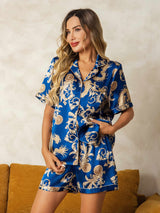 [Dragon Navy] SilkSilky-FR Short Sleeve Lapel Collar Femme Pyjamas 001