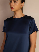 [Bleu Foncé] SilkSilky-FR Short Sleeve Round Neck Robes 004
