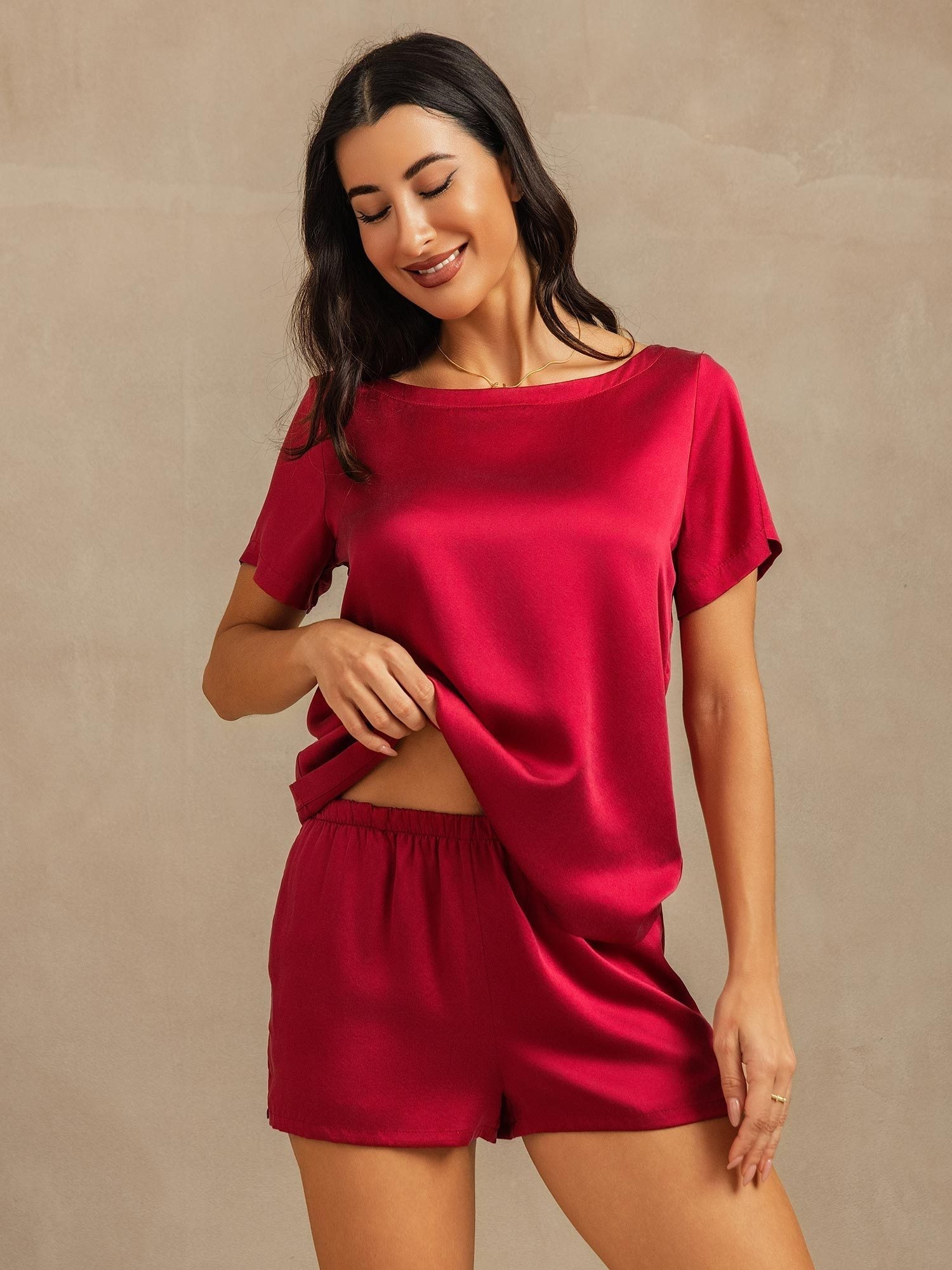 [Rouge Vineux] SilkSilky-FR 19Momme Soie Col Rond Femme Pyjamas 008,