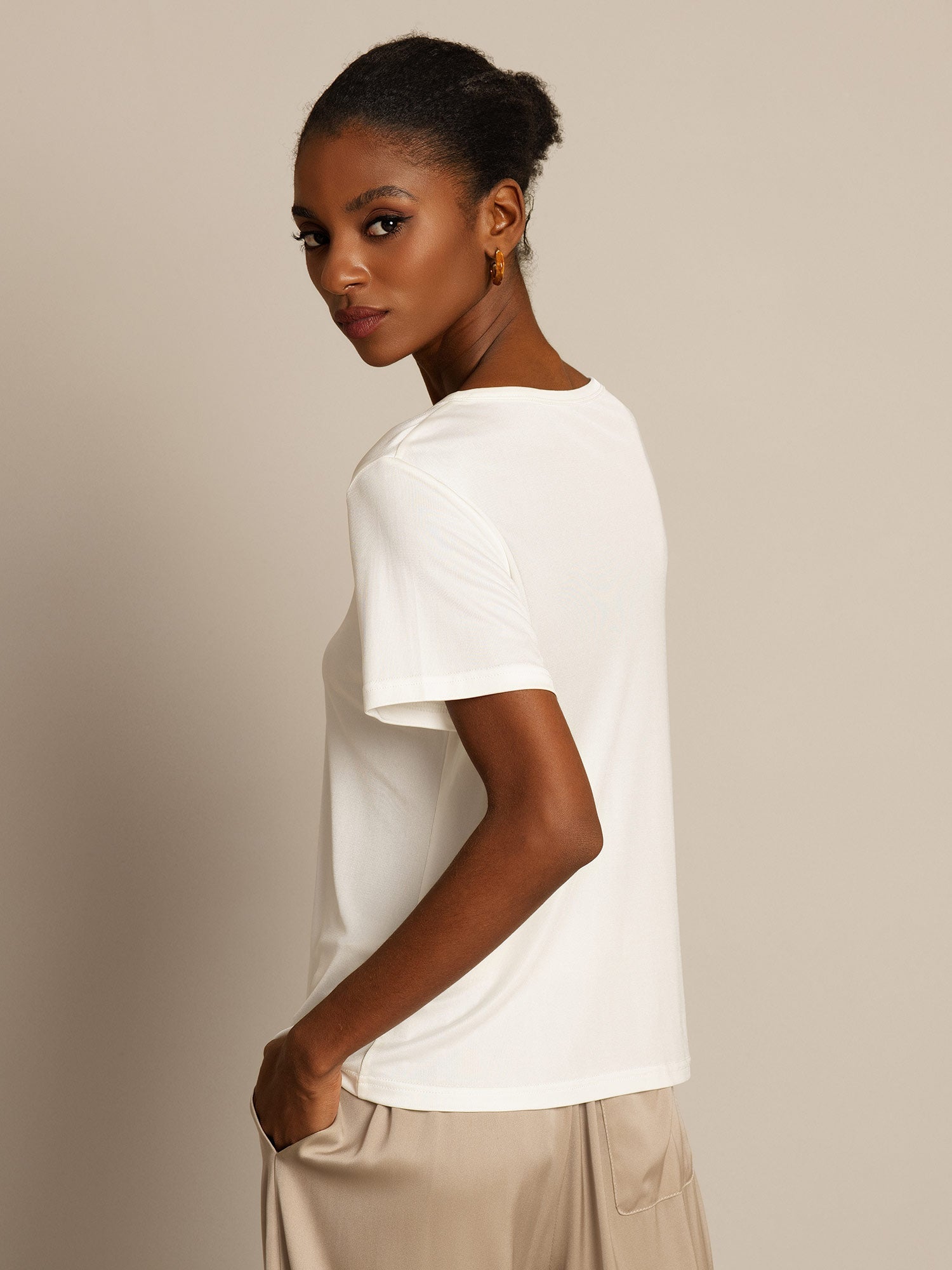 [Blanc] SilkSilky-FR Soie Tricotée Col Rond Femme T-Shirt 002,