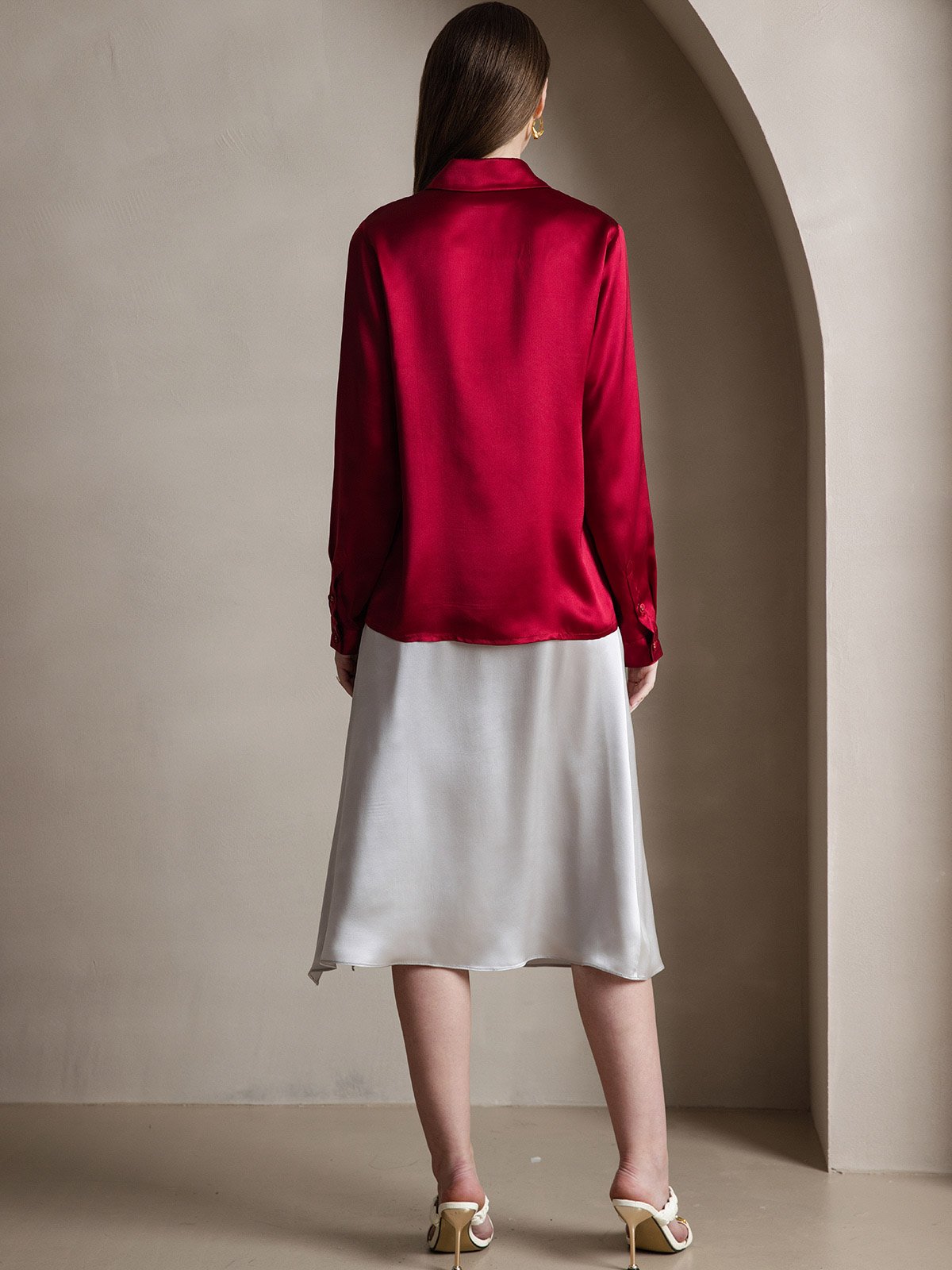 [Rouge Vineux] SilkSilky-FR 19Momme Soie Manches longues Col Chemise Femme Chemise 002