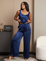 [Bleu Foncé] SilkSilky-FR Sans manches Col Carré Ensemble Camisole 003
