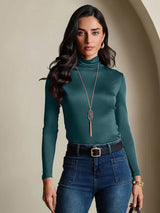 [Vert Foncé] SilkSilky-FR Manches longues Col Roulé Femme T-Shirt 001