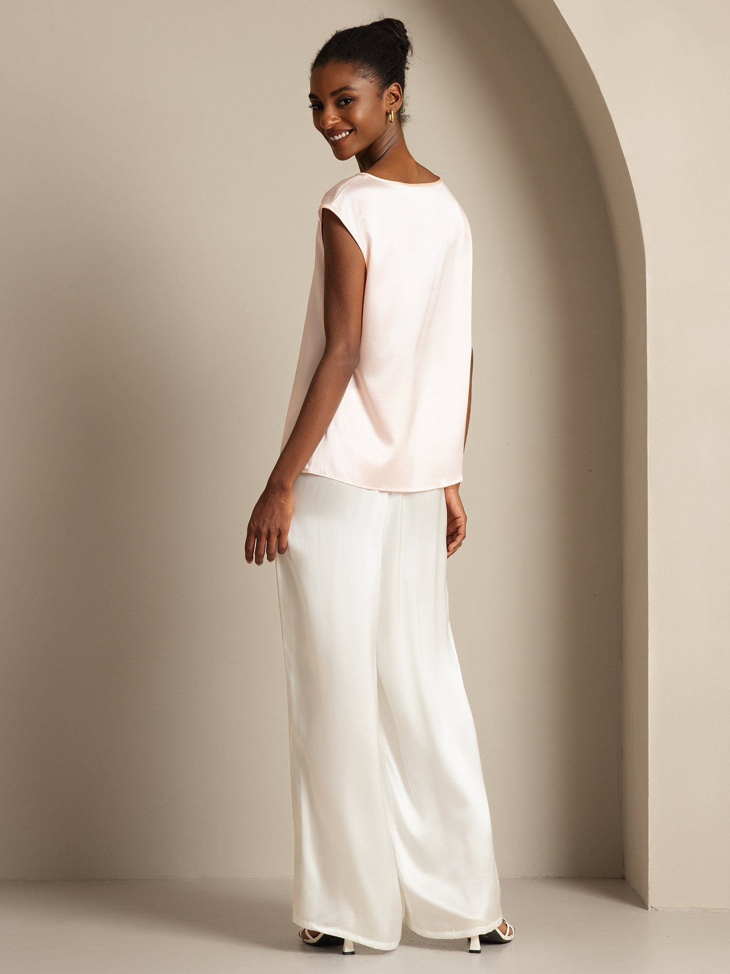 [Rose] SilkSilky-FR 19Momme Soie Col Rond Femme T-Shirt 002,