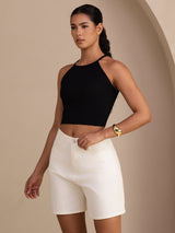 [Noir] SilkSilky-FR Sleeveless Crew Neck Top À Fines Brides 005